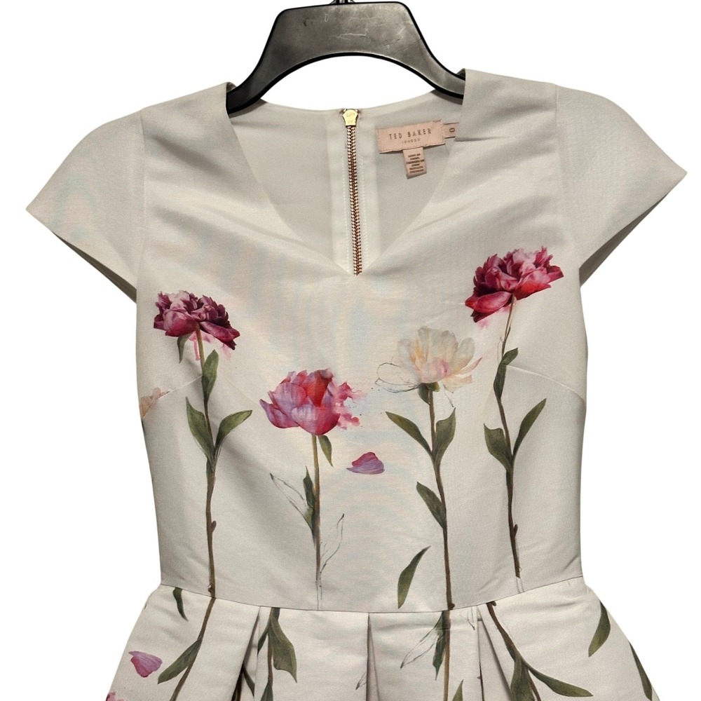 Ted Baker Callila Floral Peony Fit and Flare Dress White Pink Size 0 XS Pocket - Picture 2 of 7